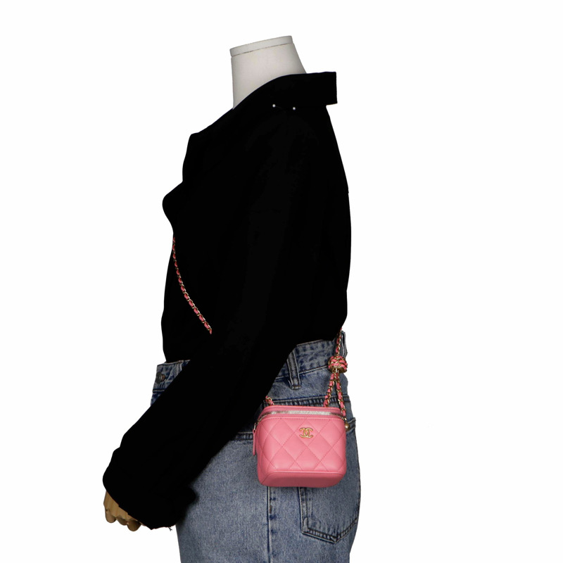 【包稅】CHANEL 粉紅羊皮金色圓球肩斜背包-5