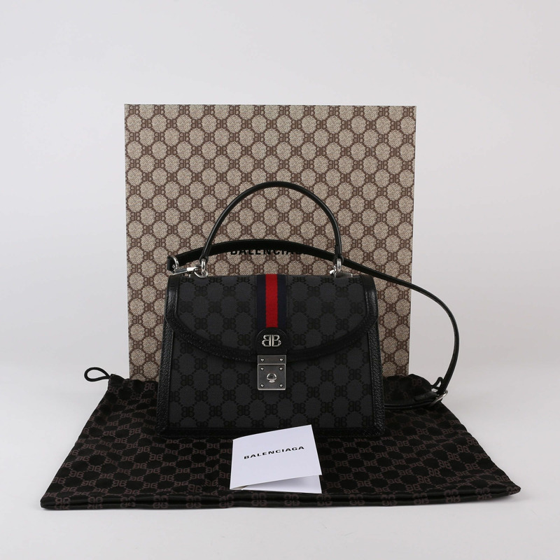 BALENCIAGA 小號黑色 BB 提花帆布 Hacker Project 頂部提把和單肩包-0