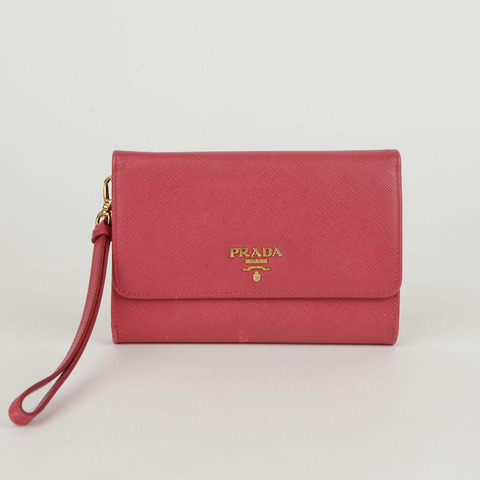 PRADA 粉紅色 Saffiano 皮革肩帶皮夾