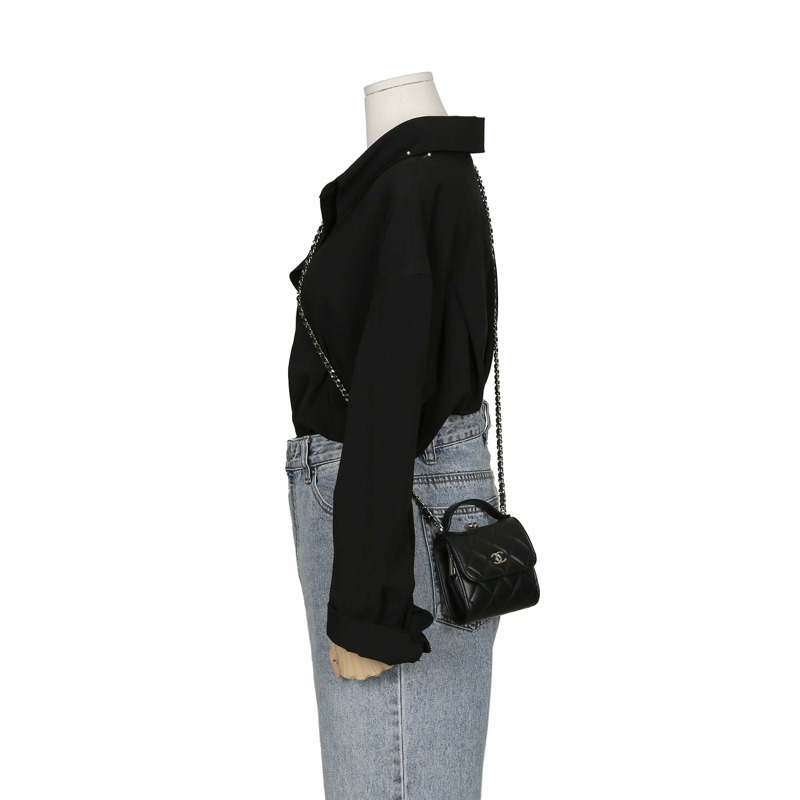 【包稅】CHANEL 迷你黑色羊皮復古手把鏈條單肩斜背包-6