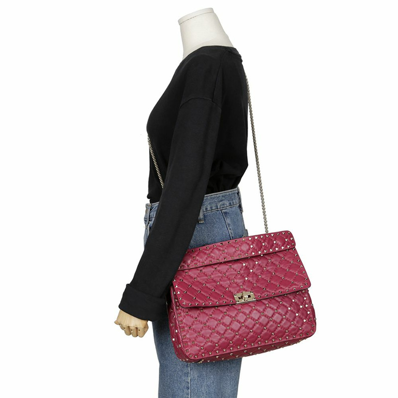 VALENTINO 勃根地紅皮革 Rockstud 手提包和單肩包-6