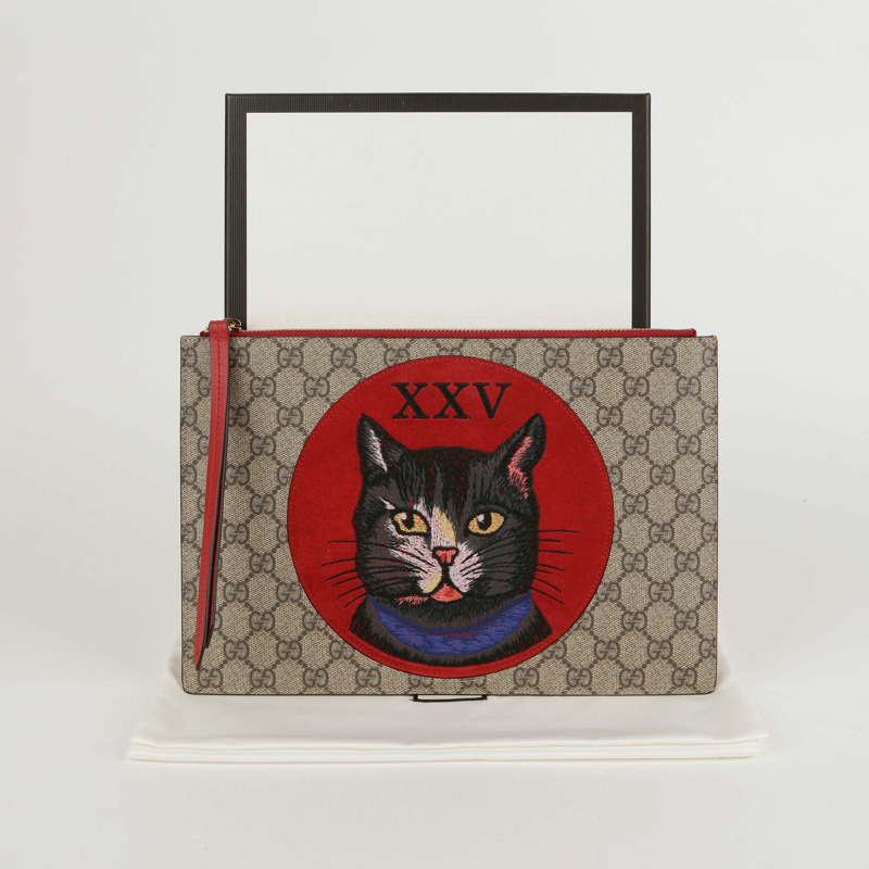 GUCCI GG Supreme 帆布神秘貓刺繡手拿包-0