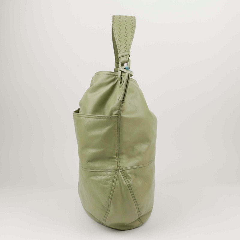 BOTTEGA VENETA 綠色 Intrecciato Handle 褶皺皮革 Hobo 單肩包-1