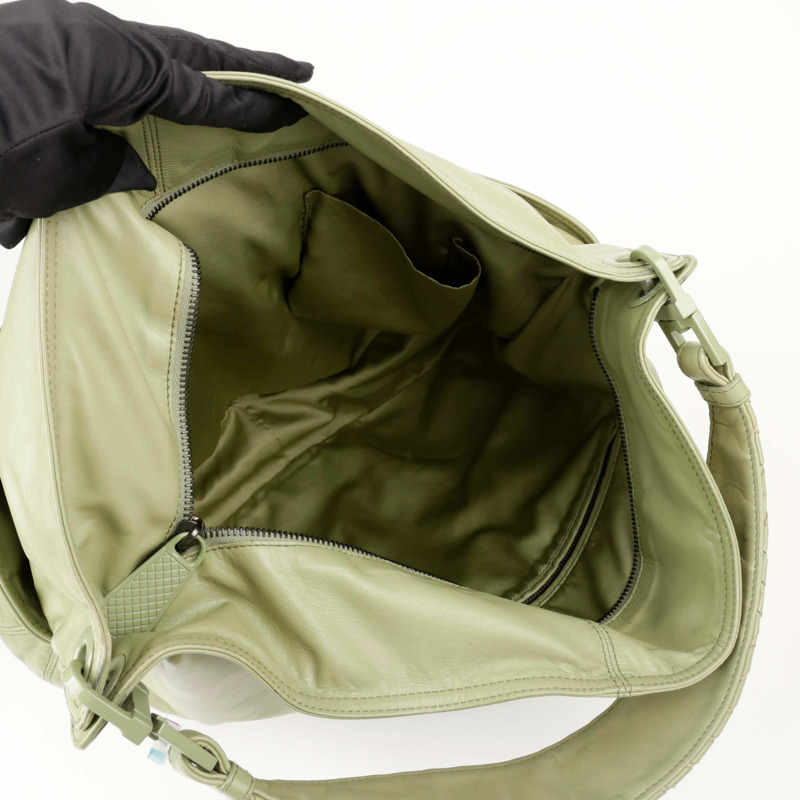 BOTTEGA VENETA 綠色 Intrecciato Handle 褶皺皮革 Hobo 單肩包-4
