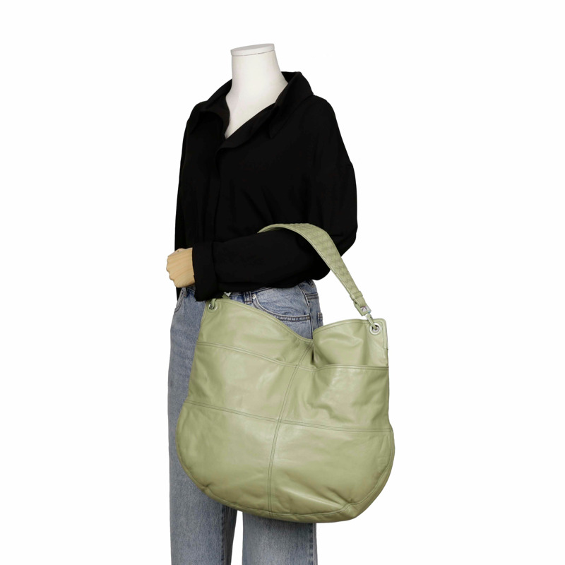 BOTTEGA VENETA 綠色 Intrecciato Handle 褶皺皮革 Hobo 單肩包-6