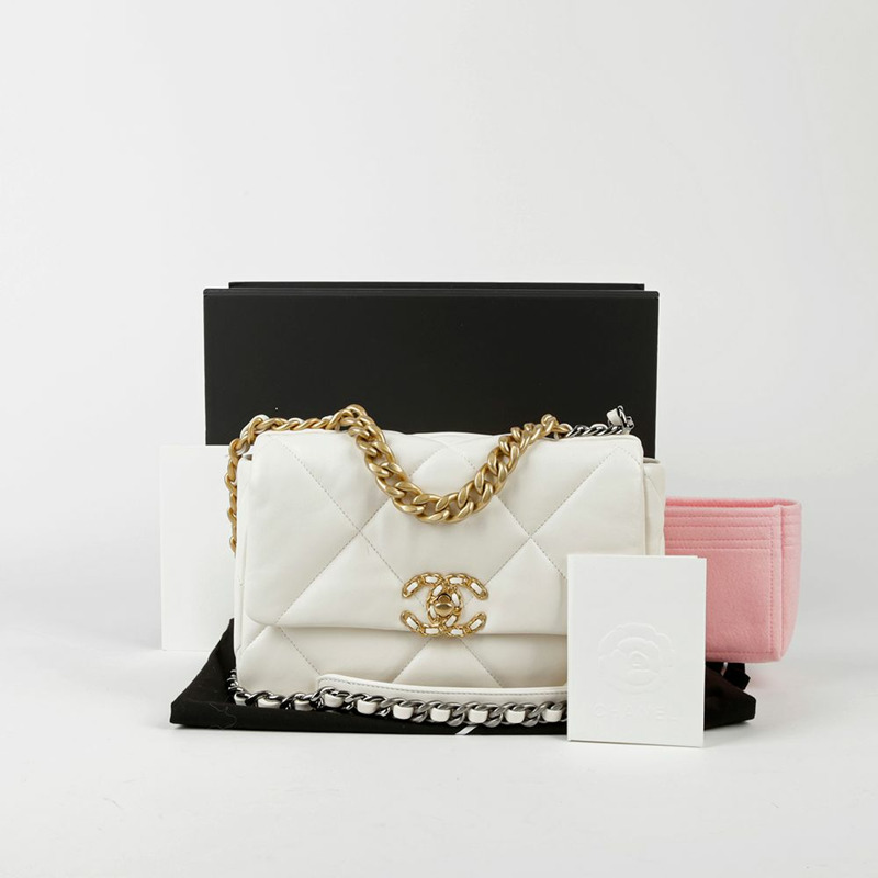 CHANEL 白色皮革 19 瓣鏈單肩斜背包-0