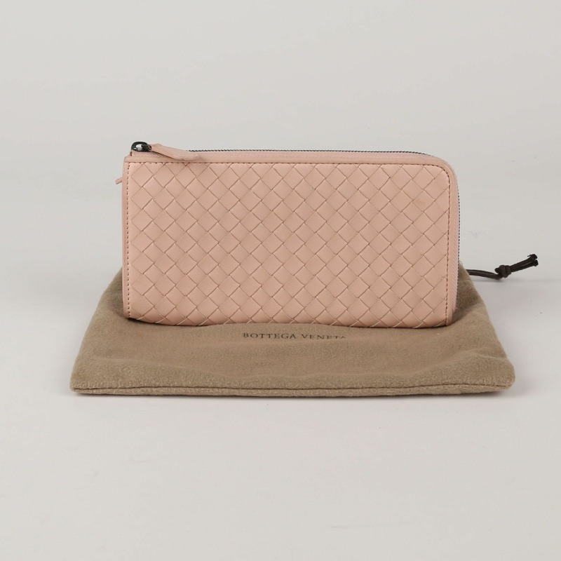 BOTTEGA VENETA 粉紅色 Intrecciato 皮革拉鍊長版錢包-0