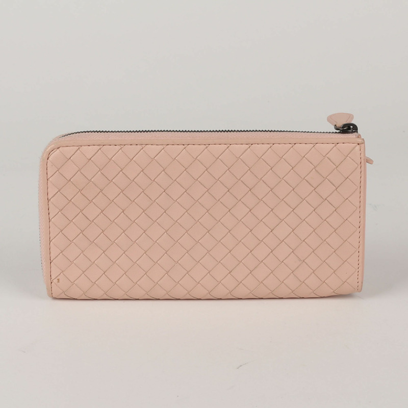 BOTTEGA VENETA 粉紅色 Intrecciato 皮革拉鍊長版錢包-1