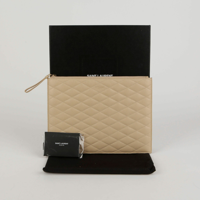 SAINT LAURENT 米色絎縫皮革 iPad 袋-0