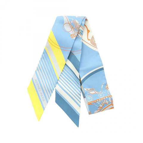 HERMES Twilly Ex-Libris Blue moyen Jaune Vif Orange Scarf silk silk Blue Multicolor Used Women
