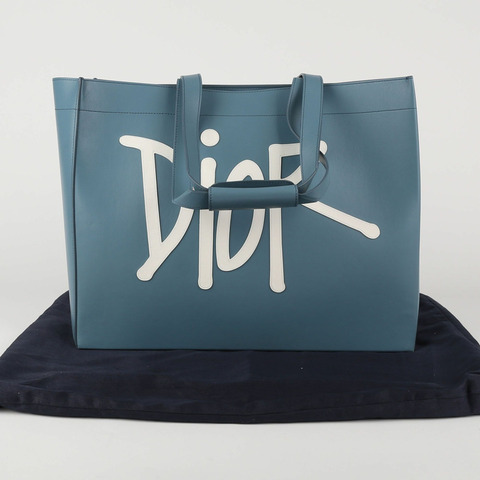 DIOR Shawn Stussy 藍色皮革單肩購物袋