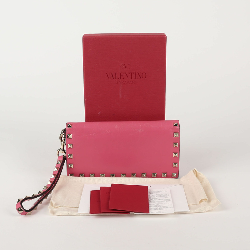 VALENTINO 粉紅色皮革 Rockstud 長版皮夾 0447-0