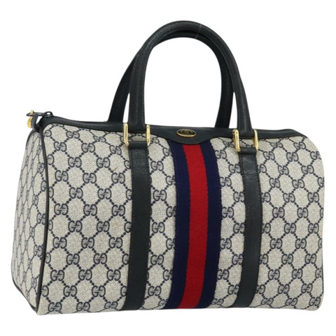 GUCCI GG Supreme Sherry Line 波士頓包 PVC 海軍藍金紅色 正品 143577