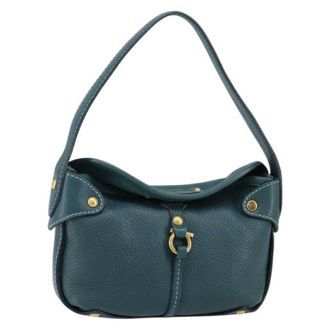Salvatore Ferragamo Gancini 單肩包 皮革 藍色 金色 正品 143587