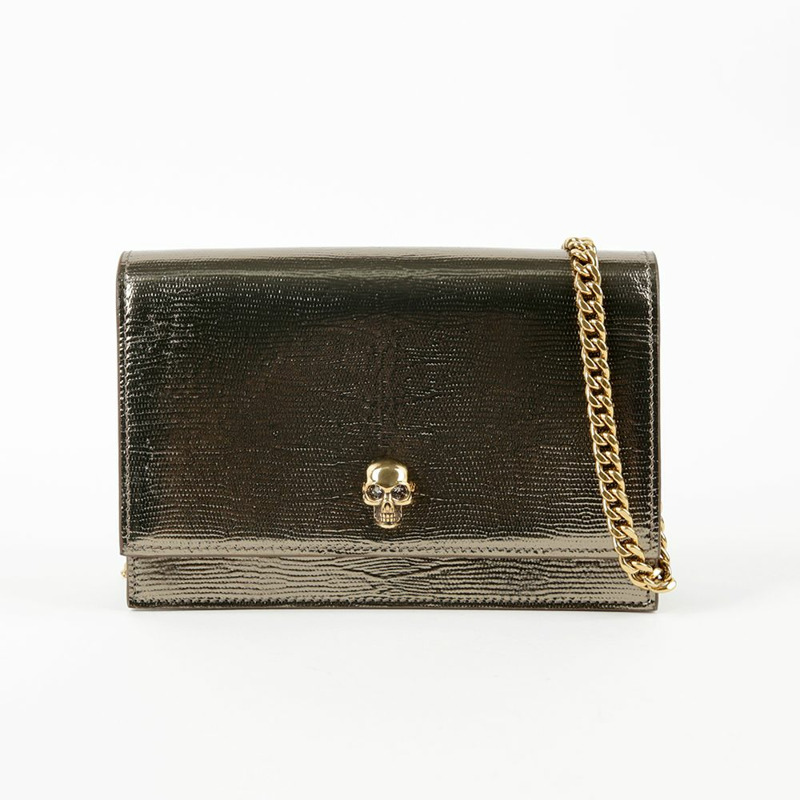 ALEXANDER MCQUEEN 小號金色蜥蜴皮骷髏鏈條單肩斜背包-1