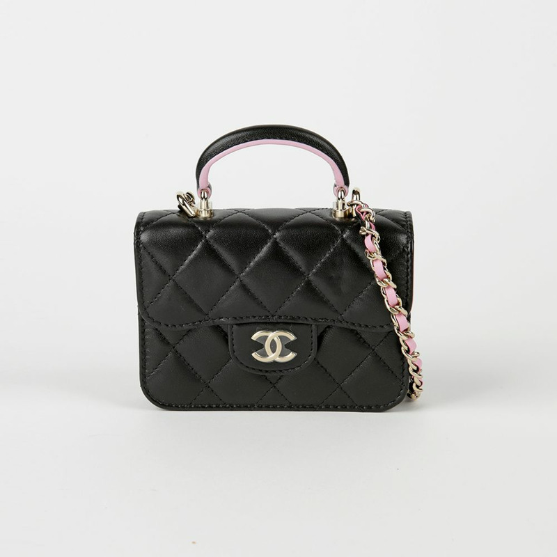 CHANEL 黑色淡紫色小羊皮鏈條翻蓋零皮夾斜背包-1
