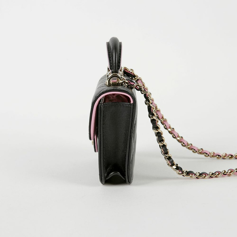 CHANEL 黑色淡紫色小羊皮鏈條翻蓋零皮夾斜背包-7
