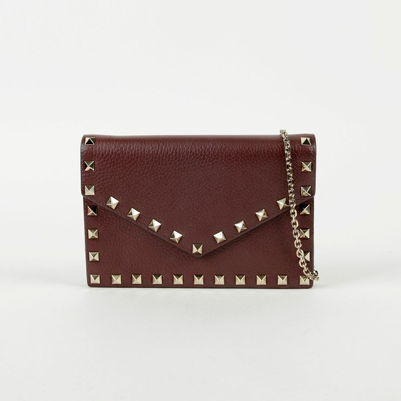 VALENTINO 勃根地紅皮革 Rockstud 翻蓋鏈條單肩包和斜背包-1