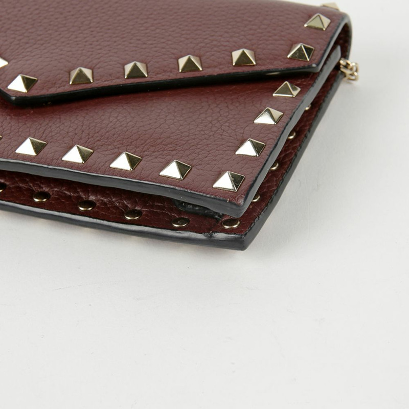 VALENTINO 勃根地紅皮革 Rockstud 翻蓋鏈條單肩包和斜背包-5
