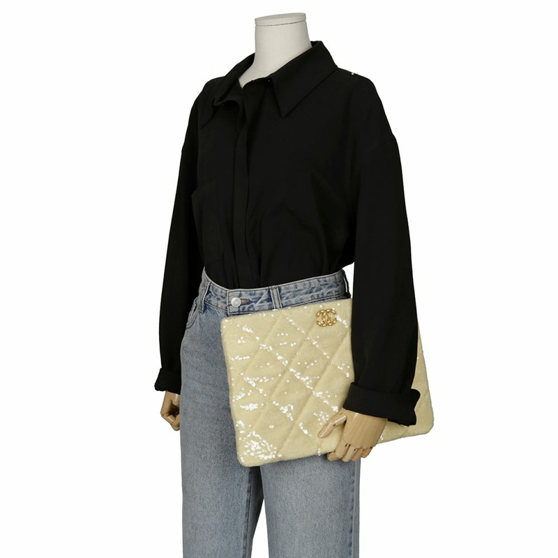 【包稅】CHANEL 淺黃色亮片19吋手拿包-7