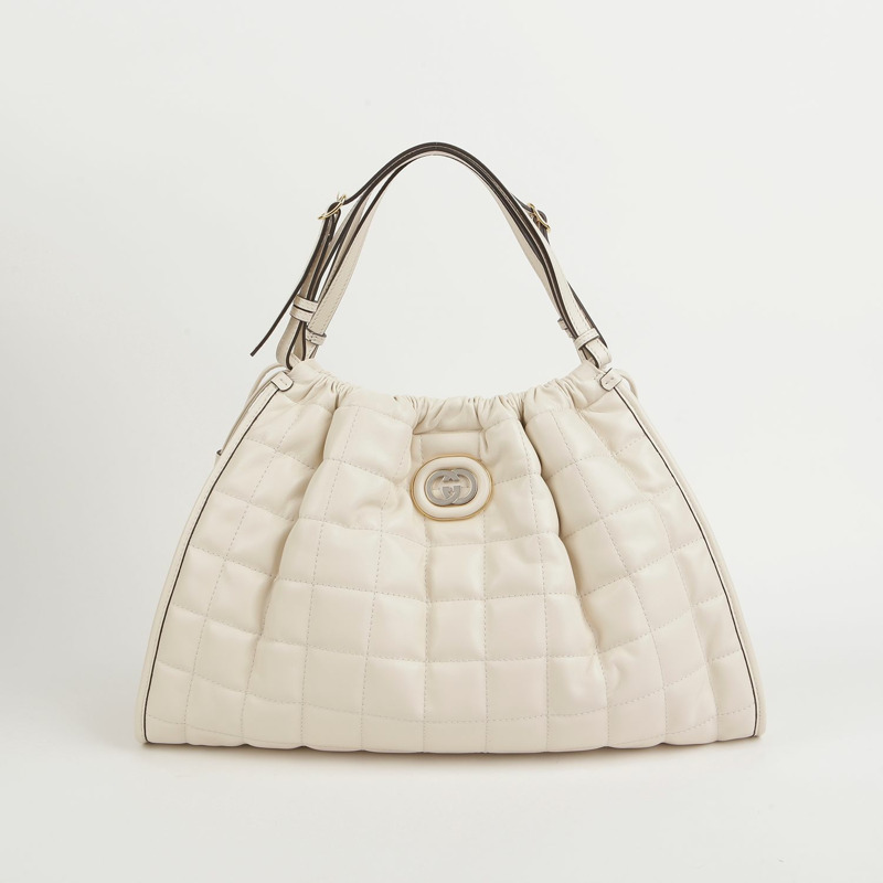 【包稅】GUCCI 中型白色皮革裝飾手提單肩包-1