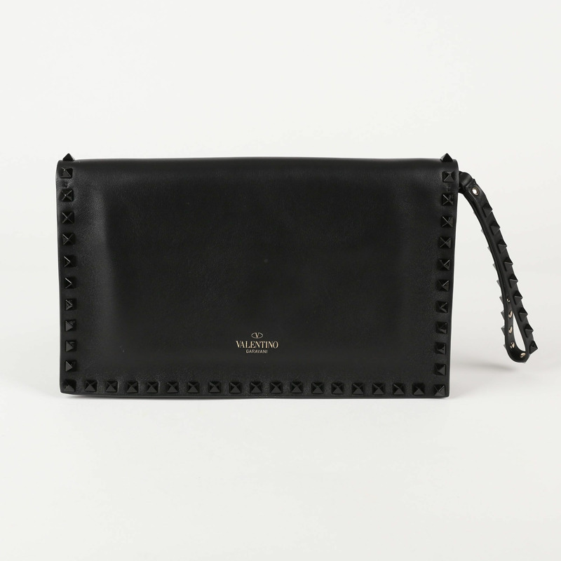 VALENTINO 黑色皮革 Rockstud 肩帶手拿包 0399-4