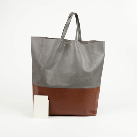 CELINE 灰棕色雙色皮革垂直 Cabas 手提包