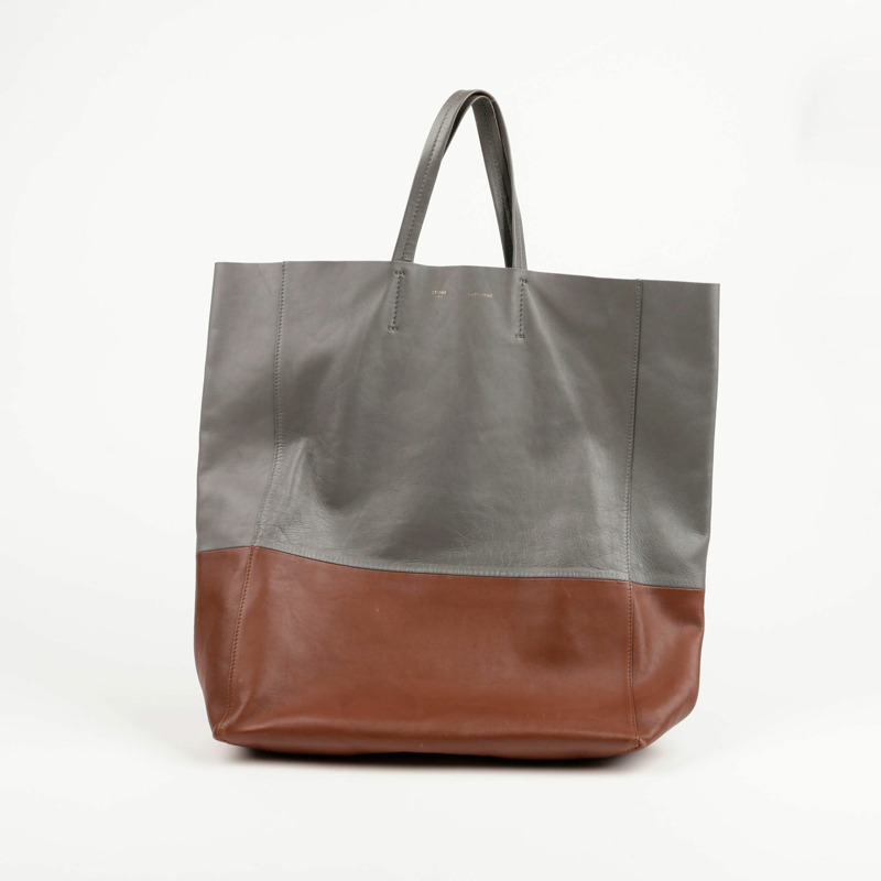 CELINE 灰棕色雙色皮革垂直 Cabas 手提包-1
