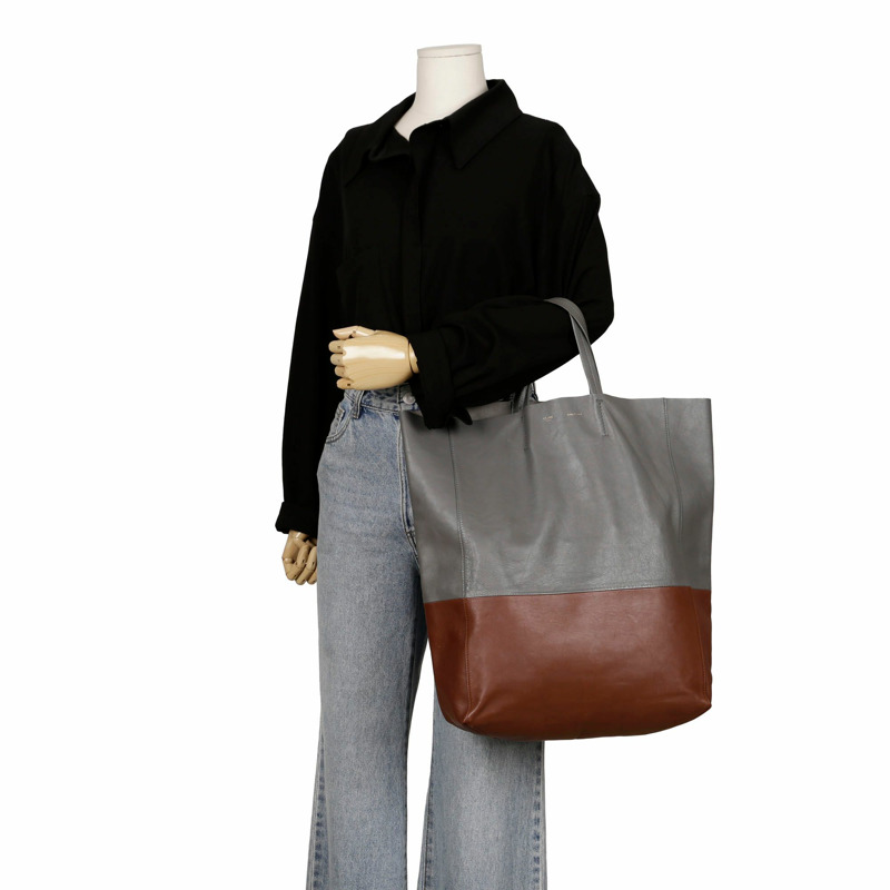 CELINE 灰棕色雙色皮革垂直 Cabas 手提包-23