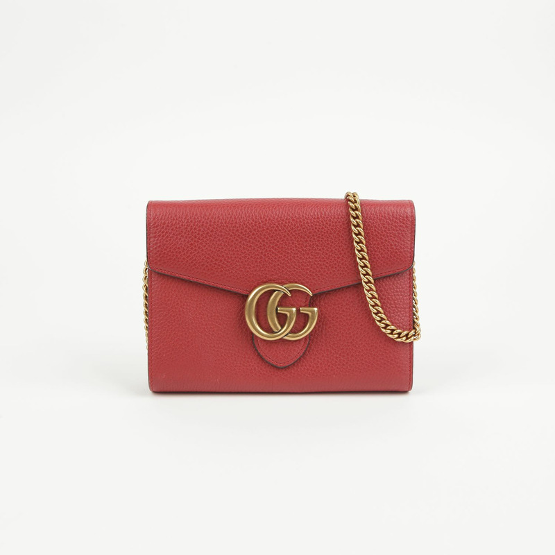 GUCCI 紅色皮革 GG Marmont 鏈條單肩斜背包-1