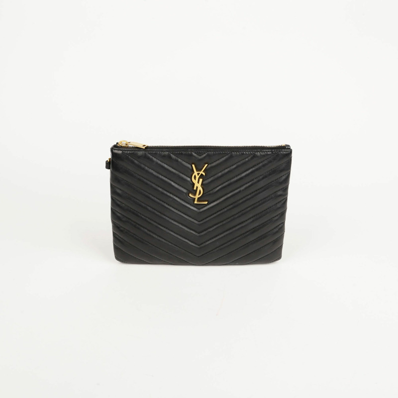 SAINT LAURENT 黑色馬特拉塞凸紋皮革 Monogram 手拿包-0
