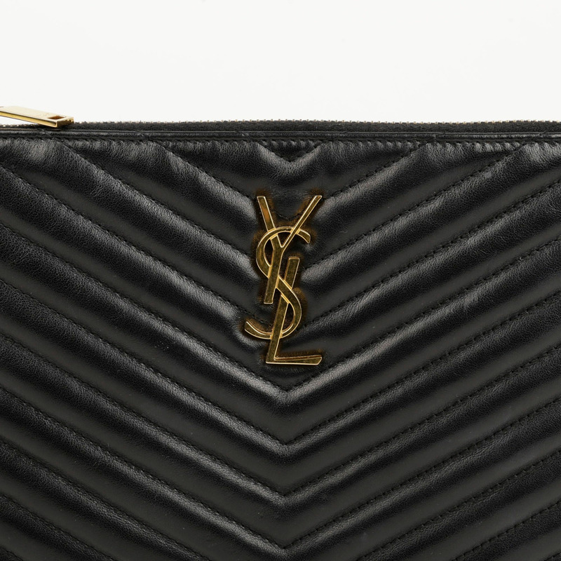 SAINT LAURENT 黑色馬特拉塞凸紋皮革 Monogram 手拿包-1
