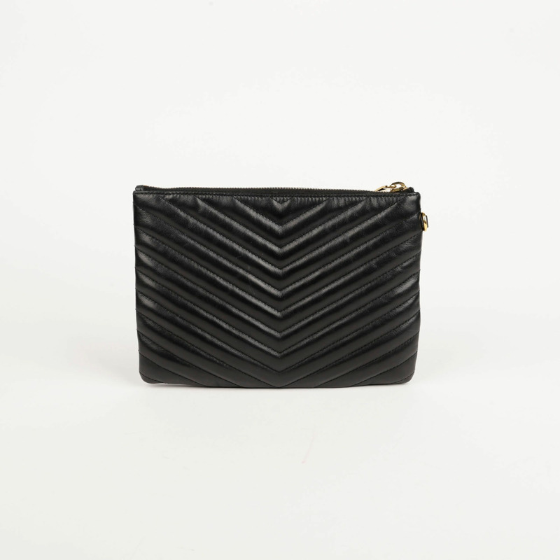 SAINT LAURENT 黑色馬特拉塞凸紋皮革 Monogram 手拿包-5