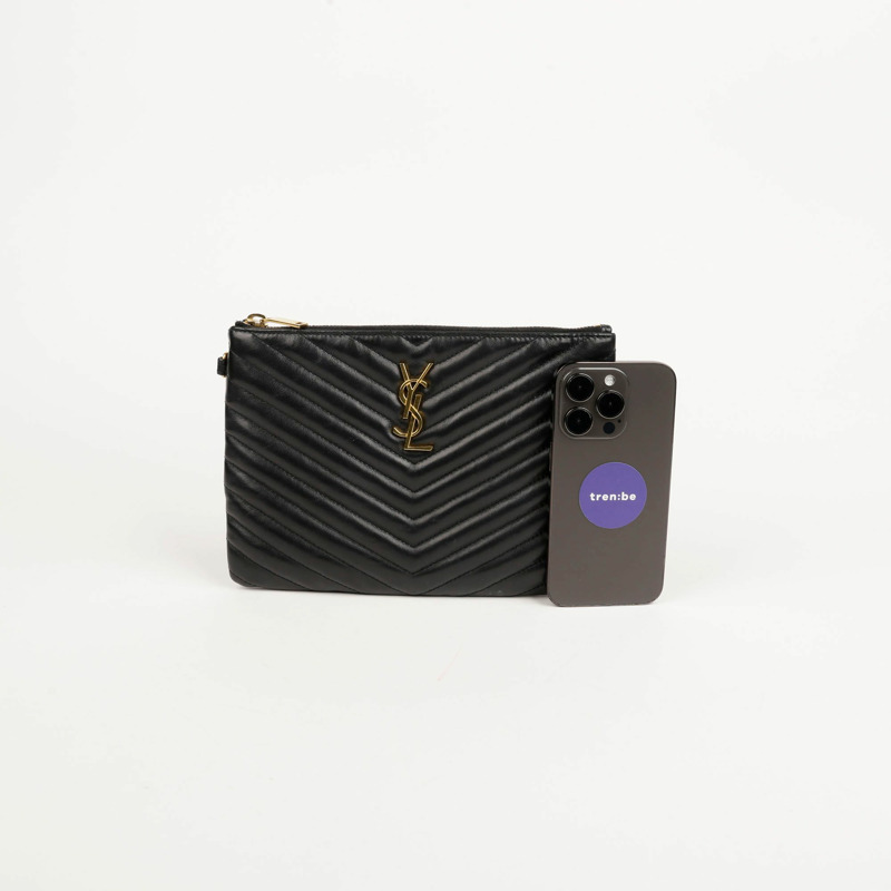 SAINT LAURENT 黑色馬特拉塞凸紋皮革 Monogram 手拿包-14