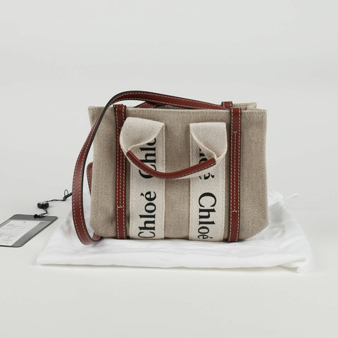 CHLOE 迷你米色亞麻木紋手提單肩包