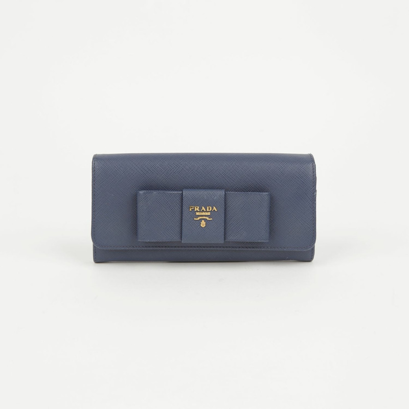 PRADA 藍色 Saffiano 皮革絲帶細部長版皮夾-0