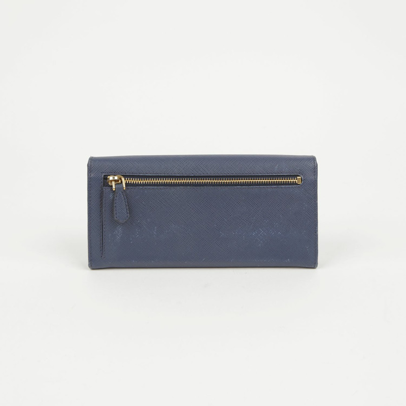 PRADA 藍色 Saffiano 皮革絲帶細部長版皮夾-1