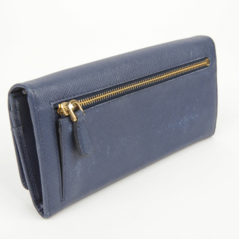 PRADA 藍色 Saffiano 皮革絲帶細部長版皮夾-5