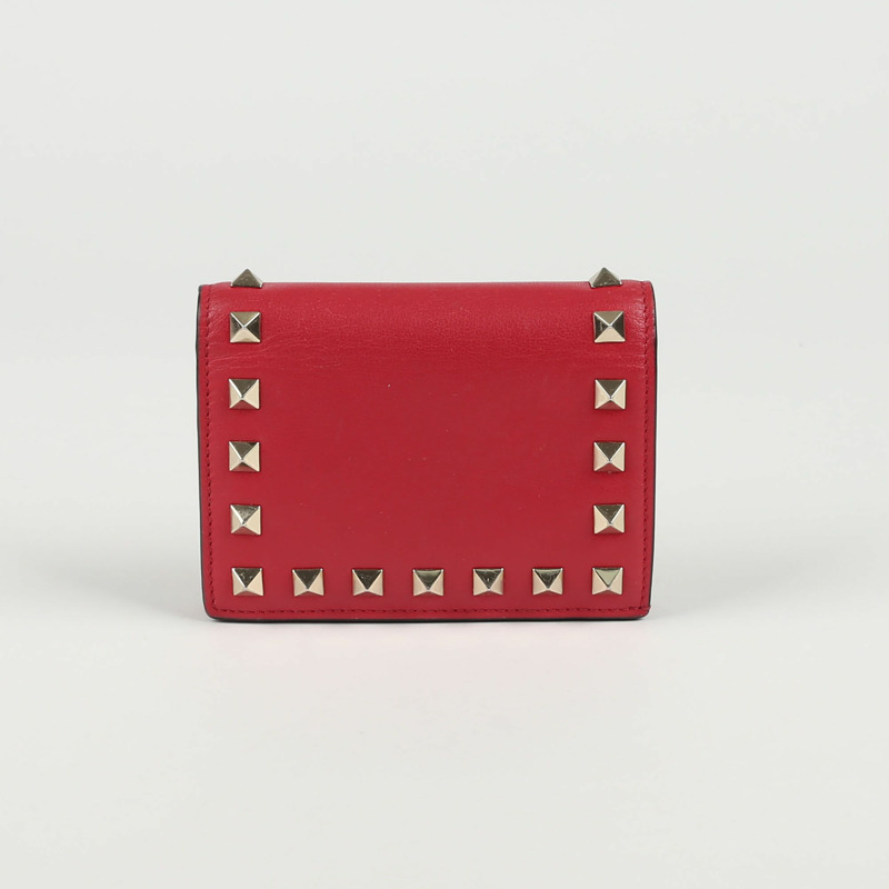 VALENTINO 紅色皮革 Rockstud 雙折皮夾-0
