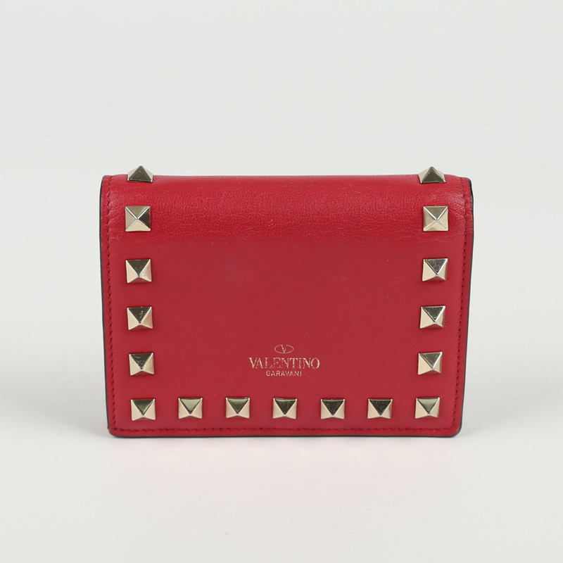 VALENTINO 紅色皮革 Rockstud 雙折皮夾-2