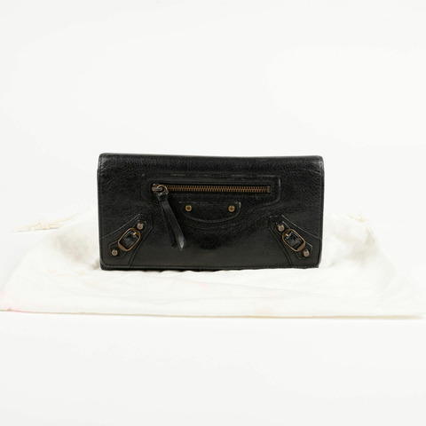 BALENCIAGA 經典摩托車長皮夾黑色皮革