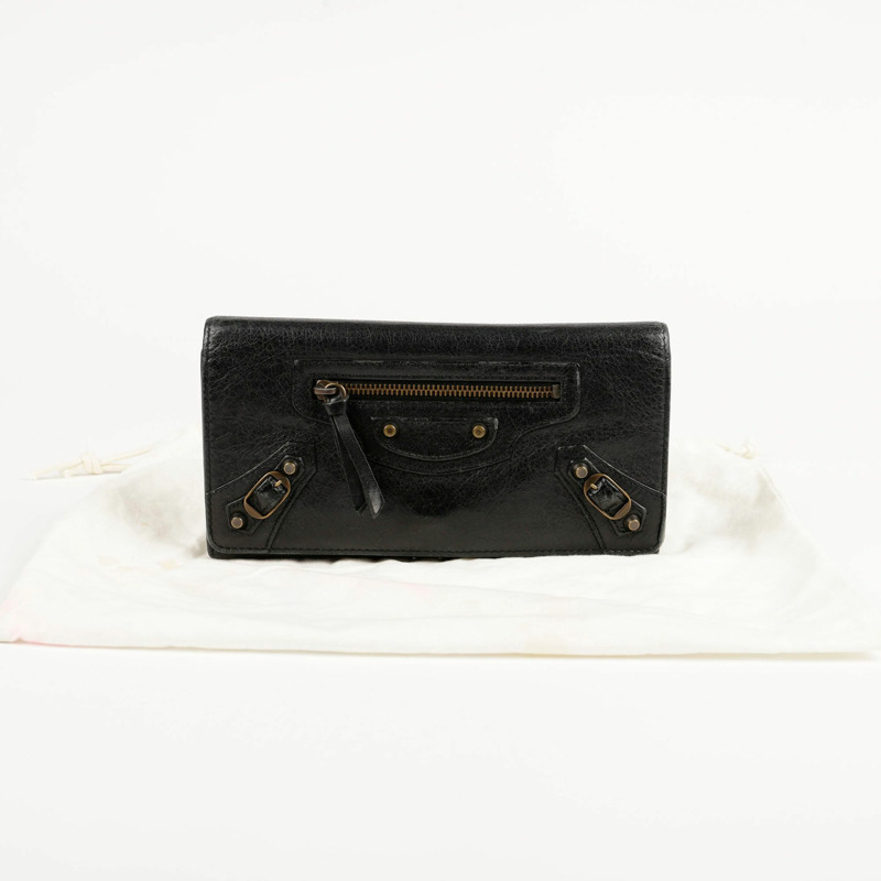BALENCIAGA 經典摩托車長皮夾黑色皮革-0