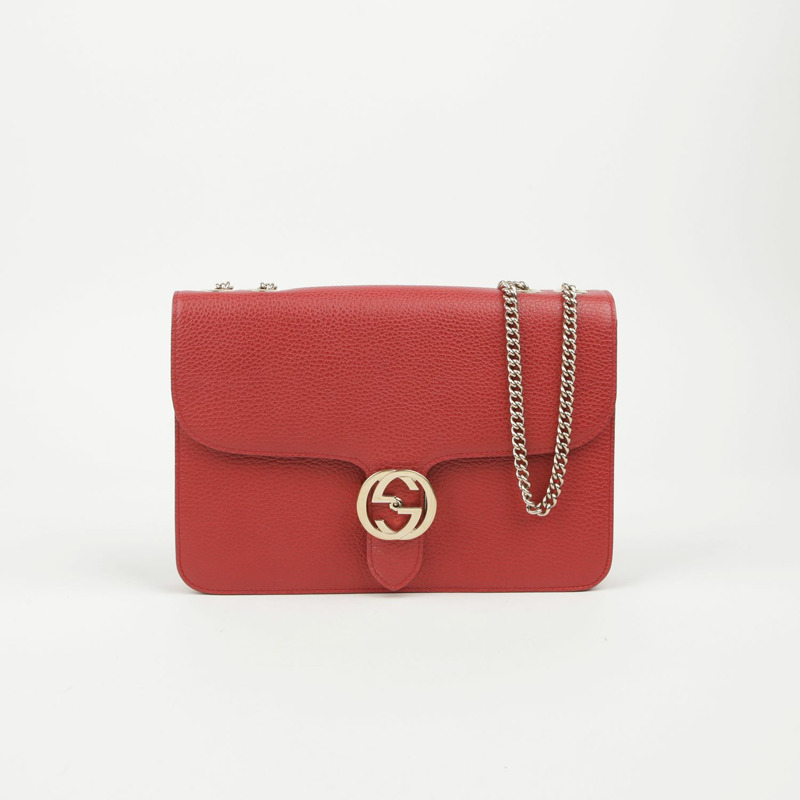 GUCCI 中型紅色皮革互鎖鏈肩斜背包-1