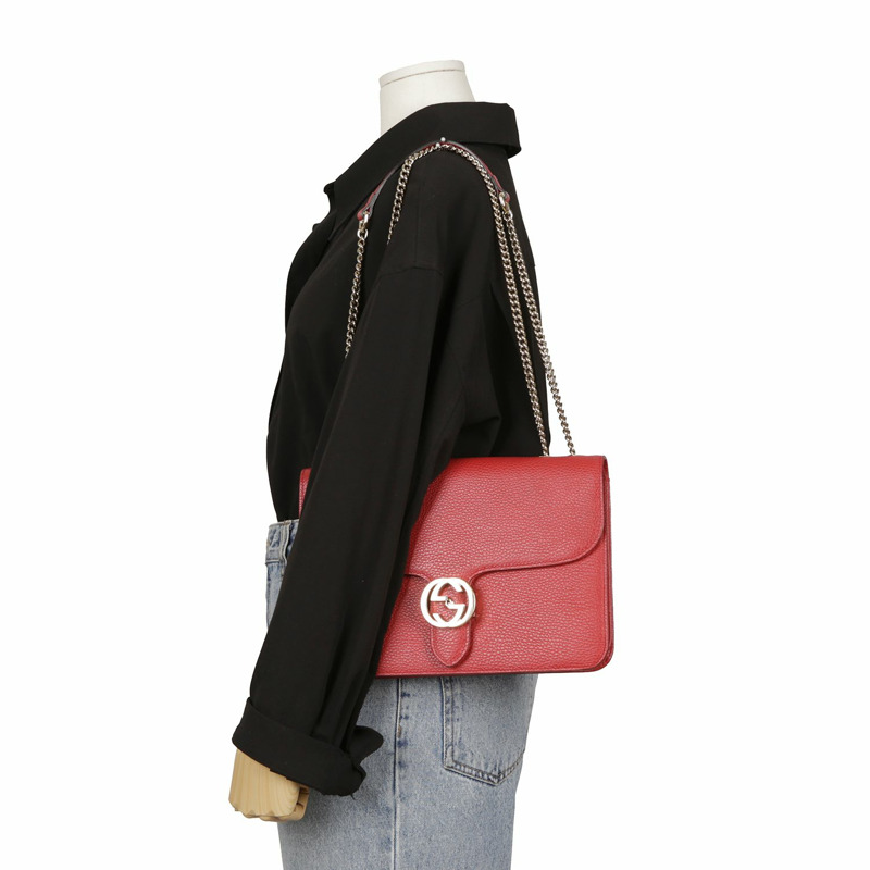 【包稅】GUCCI 中型紅色皮革扣環鏈條單肩斜背包-10