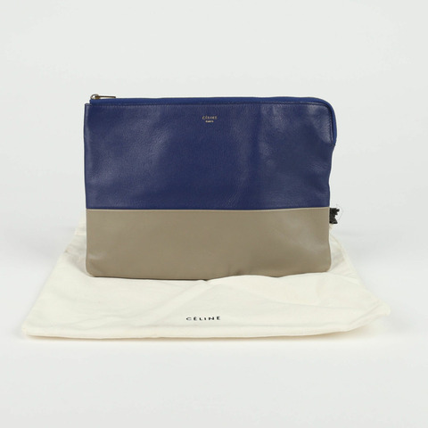 CELINE 藍色卡其色雙色皮革手拿包