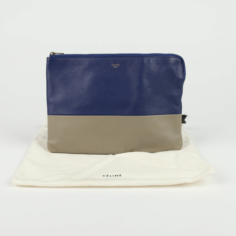 CELINE 藍色卡其色雙色皮革手拿包-0