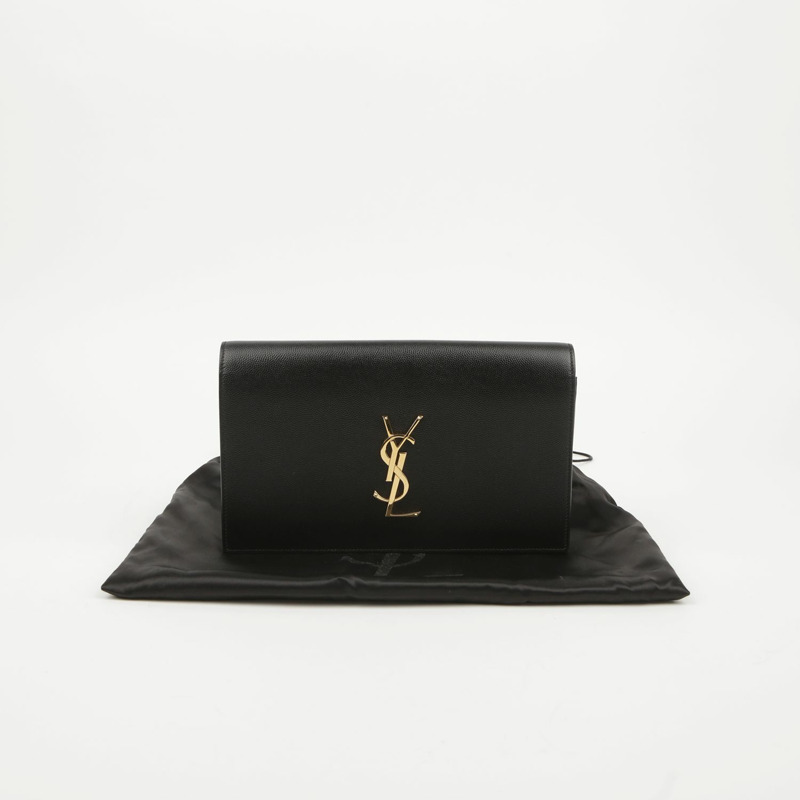 SAINT LAURENT 黑色 Grand De Poudre 紋理皮革字母翻蓋手拿包-0