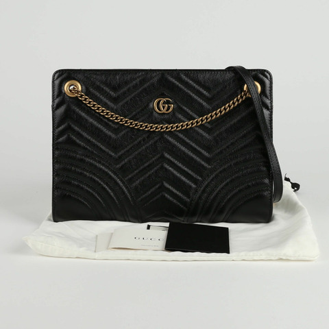 GUCCI 黑色絎縫皮革 GG Marmont 鏈條單肩包