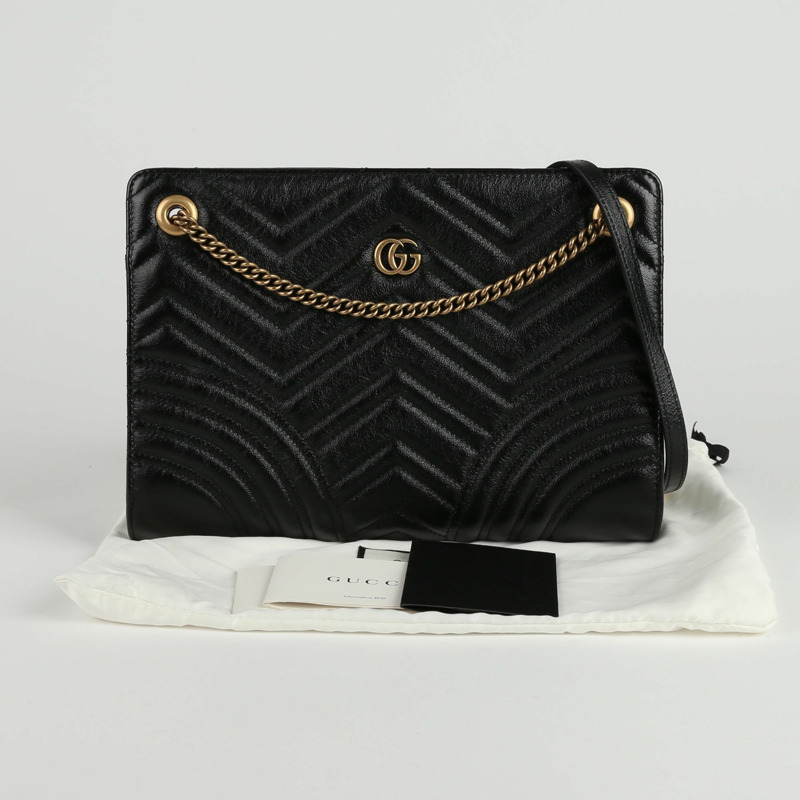 【包稅】GUCCI 黑色絎縫皮革 GG Marmont 鏈條單肩包-0