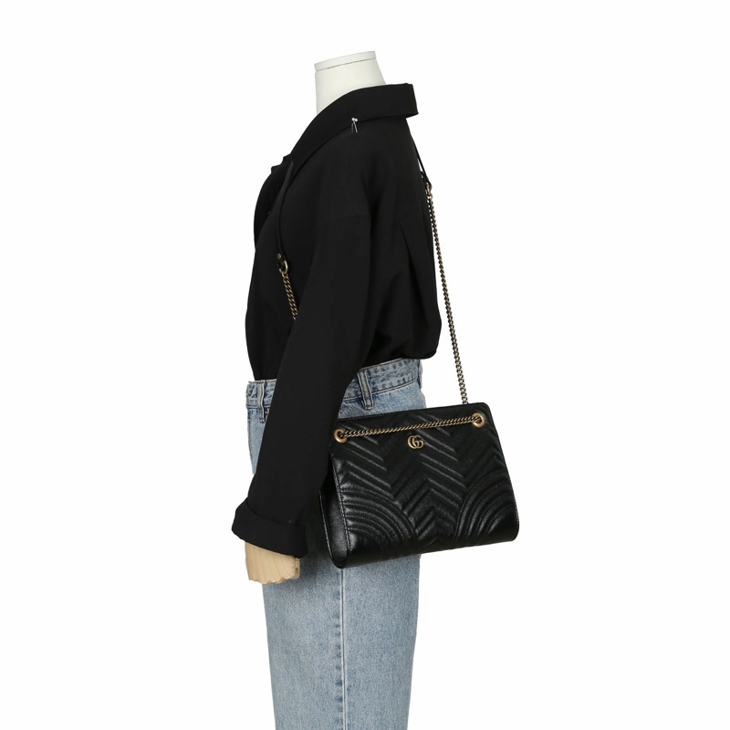 【包稅】GUCCI 黑色絎縫皮革 GG Marmont 鏈條單肩包-7